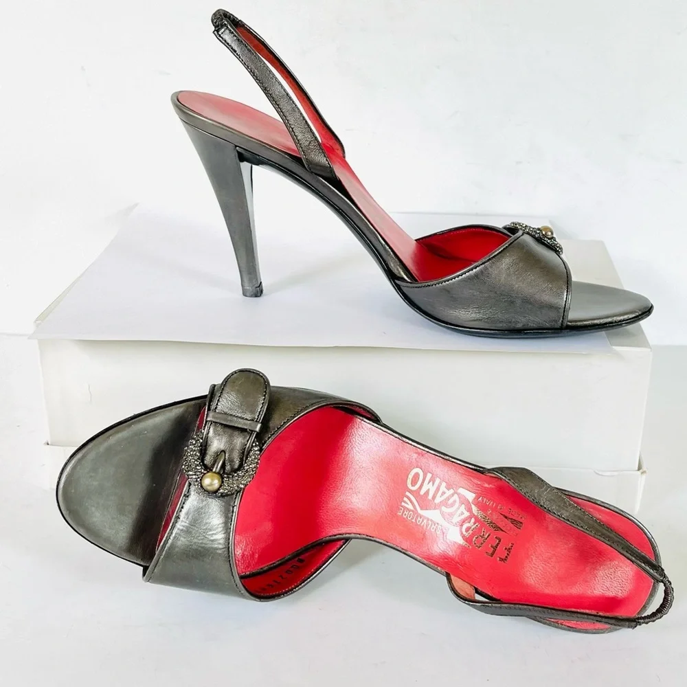 Ferragamo platinum metallic slingback sandals 8.5